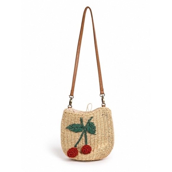 Unbranded Handbags - Woven Straw Cherry Crossbody Bucket Bag Cream Drawstring Summer Purse